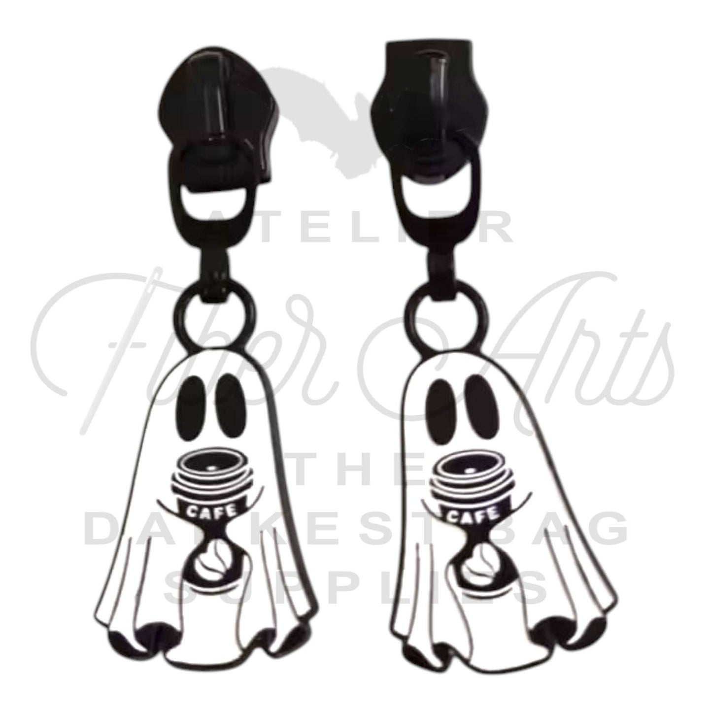 COMING SOON #5 Ghost With Coffee Zipper Pulls in Matte Black and Enamel at Atelier Fiber Arts