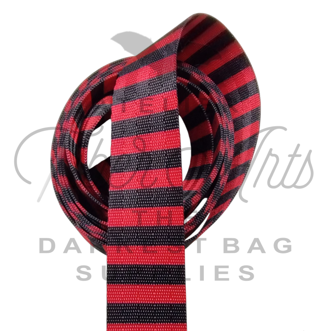 Webbing - Sanguine and Black Stripes - 38mm (1.5in) sold by the meter at Atelier Fiber Arts