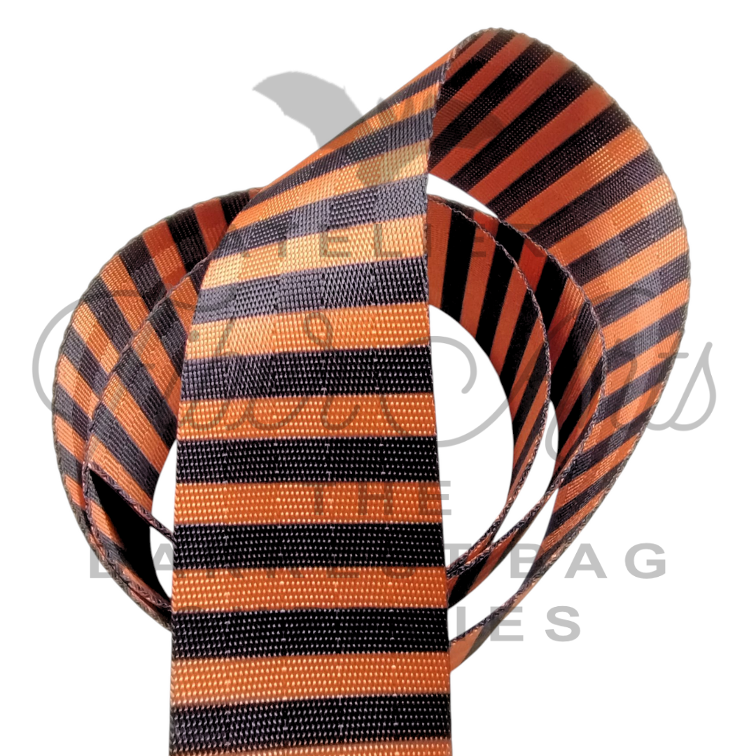 Webbing - Orange and Black Stripes - 38mm (1.5in) sold by the meter at Atelier Fiber Arts