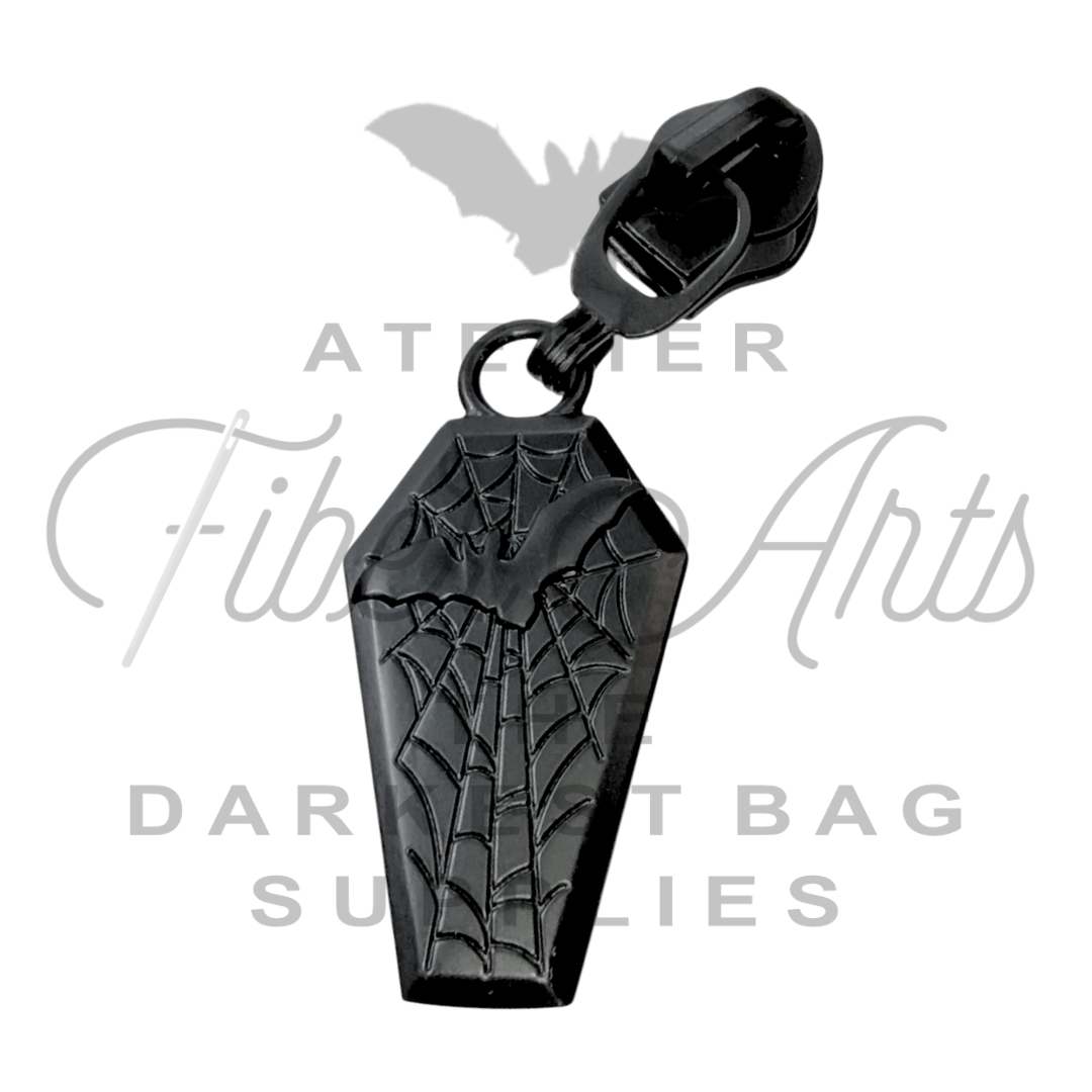 #5 Bat Coffin Zipper Pulls in Matte Black at Atelier Fiber Arts