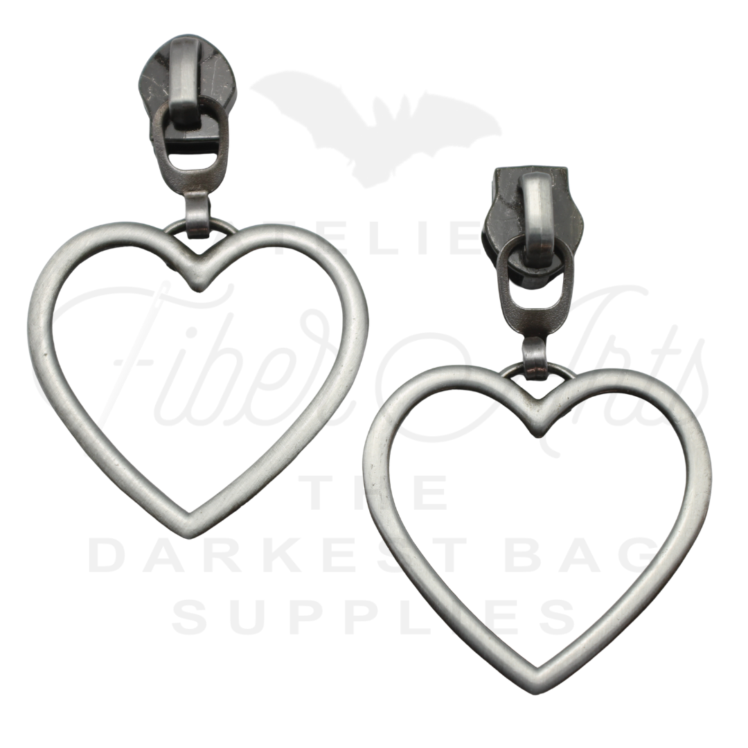 #5 Large Heart Zipper Pulls in Antique Steel at Atelier Fiber Arts