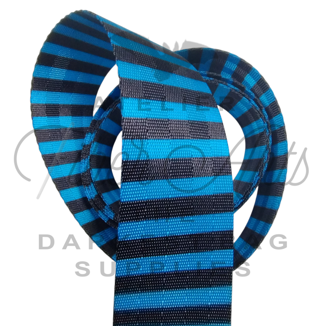 Webbing - Azure Sky and Black Stripes - 38mm (1.5in) sold by the meter at Atelier Fiber Arts