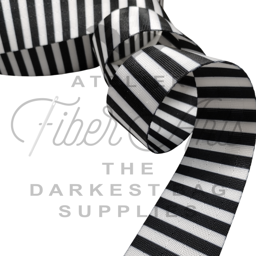 Webbing - Black + White Stripes - 38mm (1.5in) sold by the meter at Atelier Fiber Arts