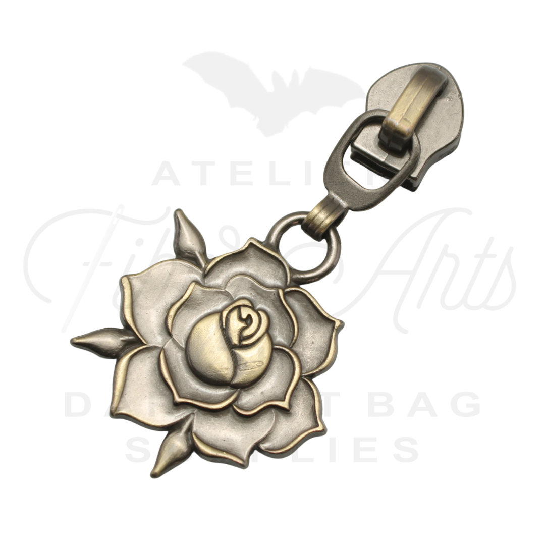 #5 Rose Bloom Zipper Pulls in Brushed Brass at Atelier Fiber Arts