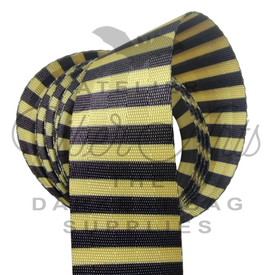 Webbing - Bumblebee and Black Stripes - 38mm (1.5in) sold by the meter at Atelier Fiber Arts