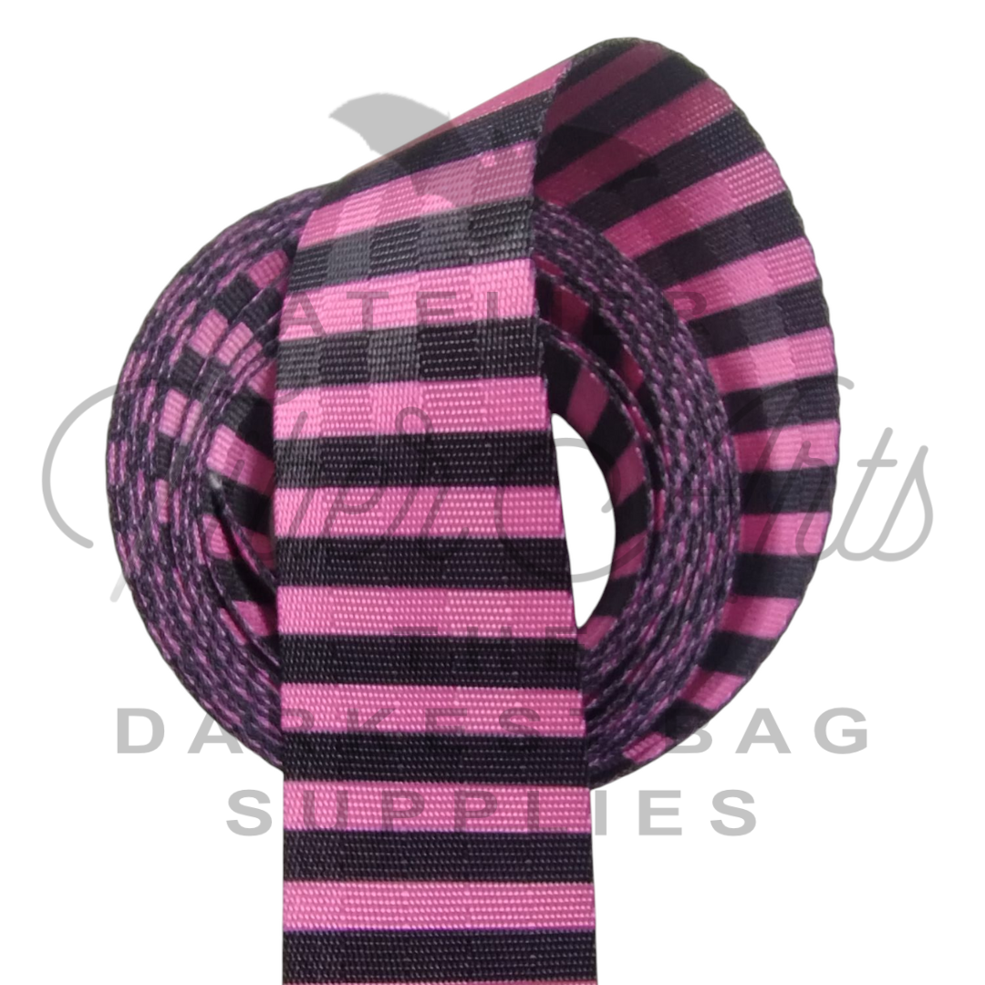 Webbing - Cherry Blossom and Black Stripes - 38mm (1.5in) sold by the meter at Atelier Fiber Arts