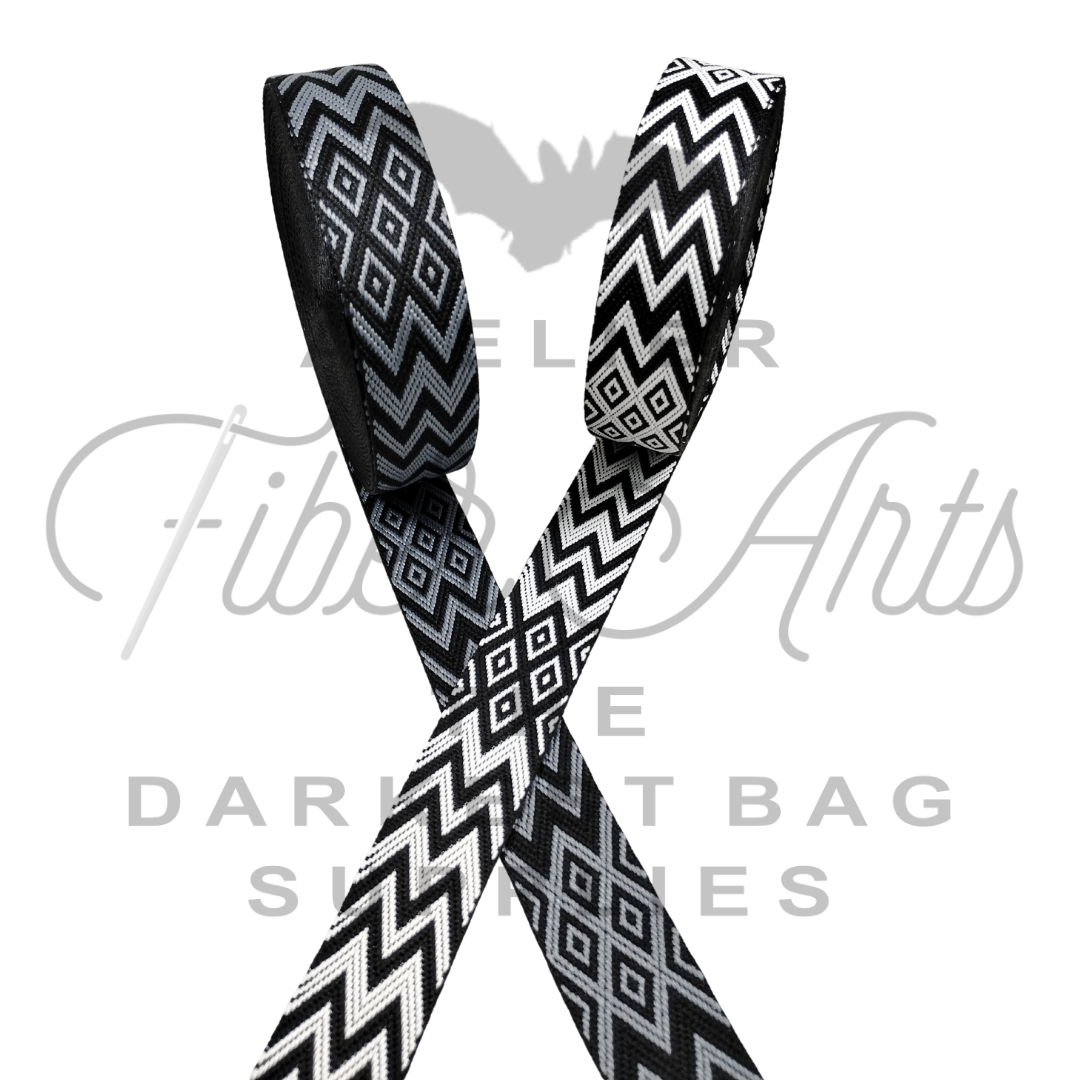 Webbing - Jacquard Diamonds and Zig Zags - White - 38mm (1.5in) - sold by the meter at Atelier Fiber Arts