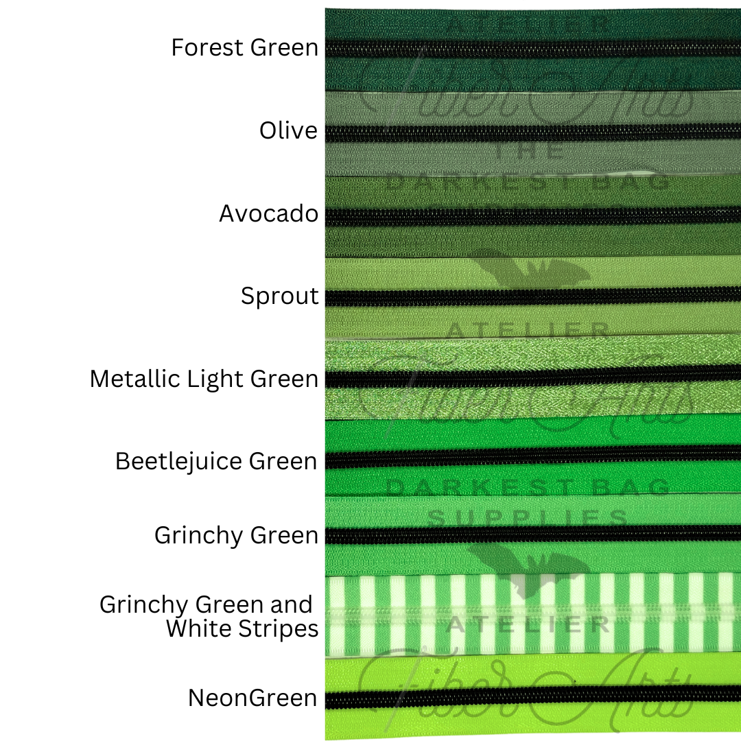 #5 Zipper - Light Green- Black Teeth - Metallic Silk at Atelier Fiber Arts