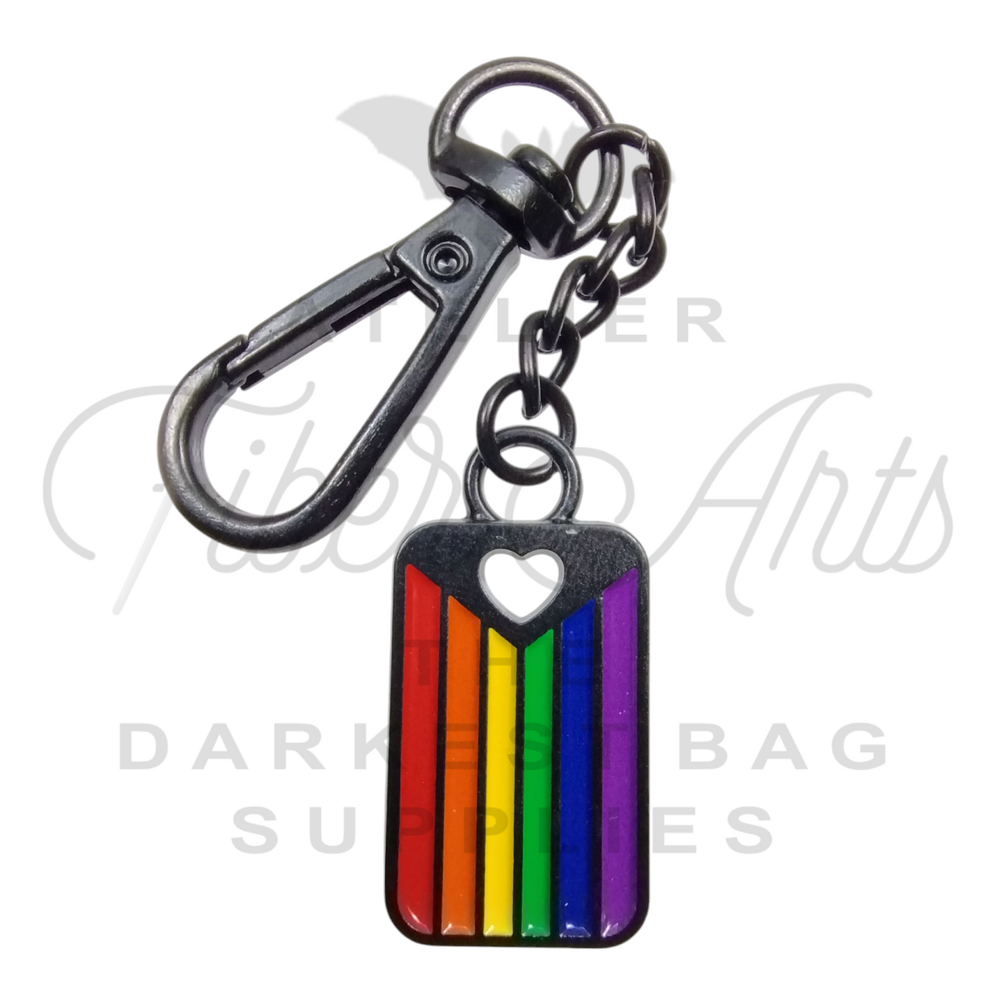 Heart Flag Keychain/Charm in Matte Black and Rainbow Enamel at Atelier Fiber Arts