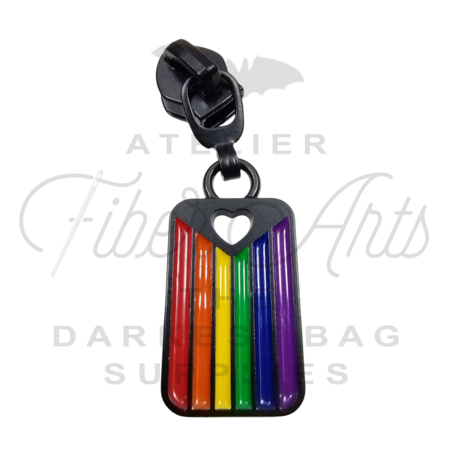 #5 Heart Flag Zipper Pulls in Matte Black and Rainbow Enamel at Atelier Fiber Arts