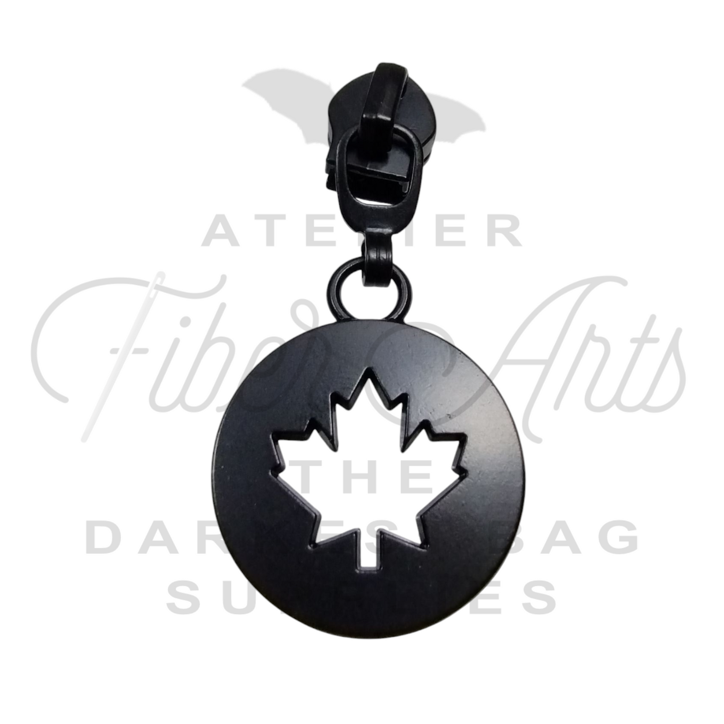 COMING SOON #5 Leaf in Circle Zipper Pulls in Matte Black at Atelier Fiber Arts