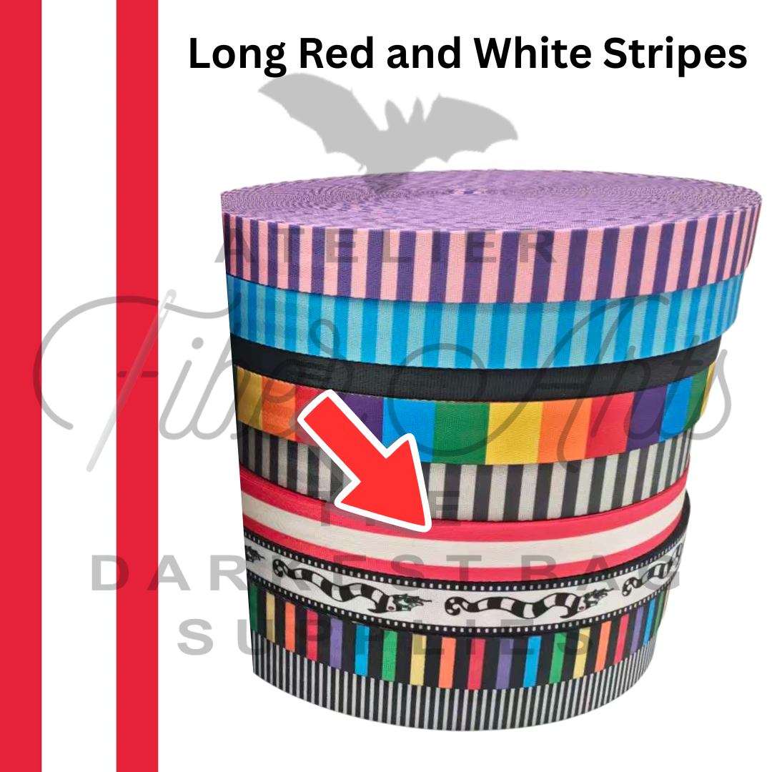 PRE-SALE Webbing - Long Red and White Stripes - 25mm (1in) sold by the meter at Atelier Fiber Arts