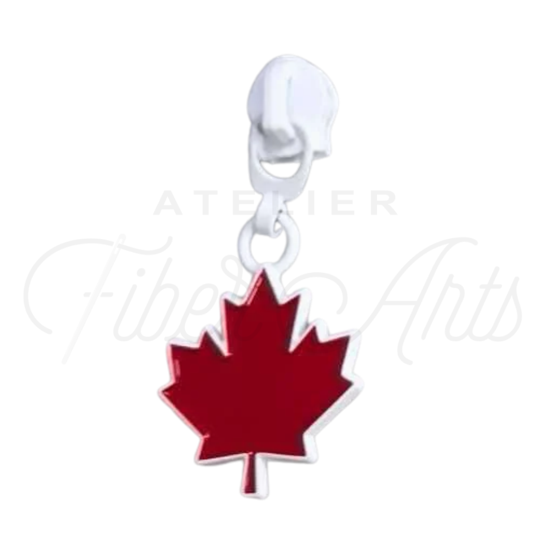 #5 Maple Leaf Zipper Pulls in Pure White with Red Enamel at Atelier Fiber Arts