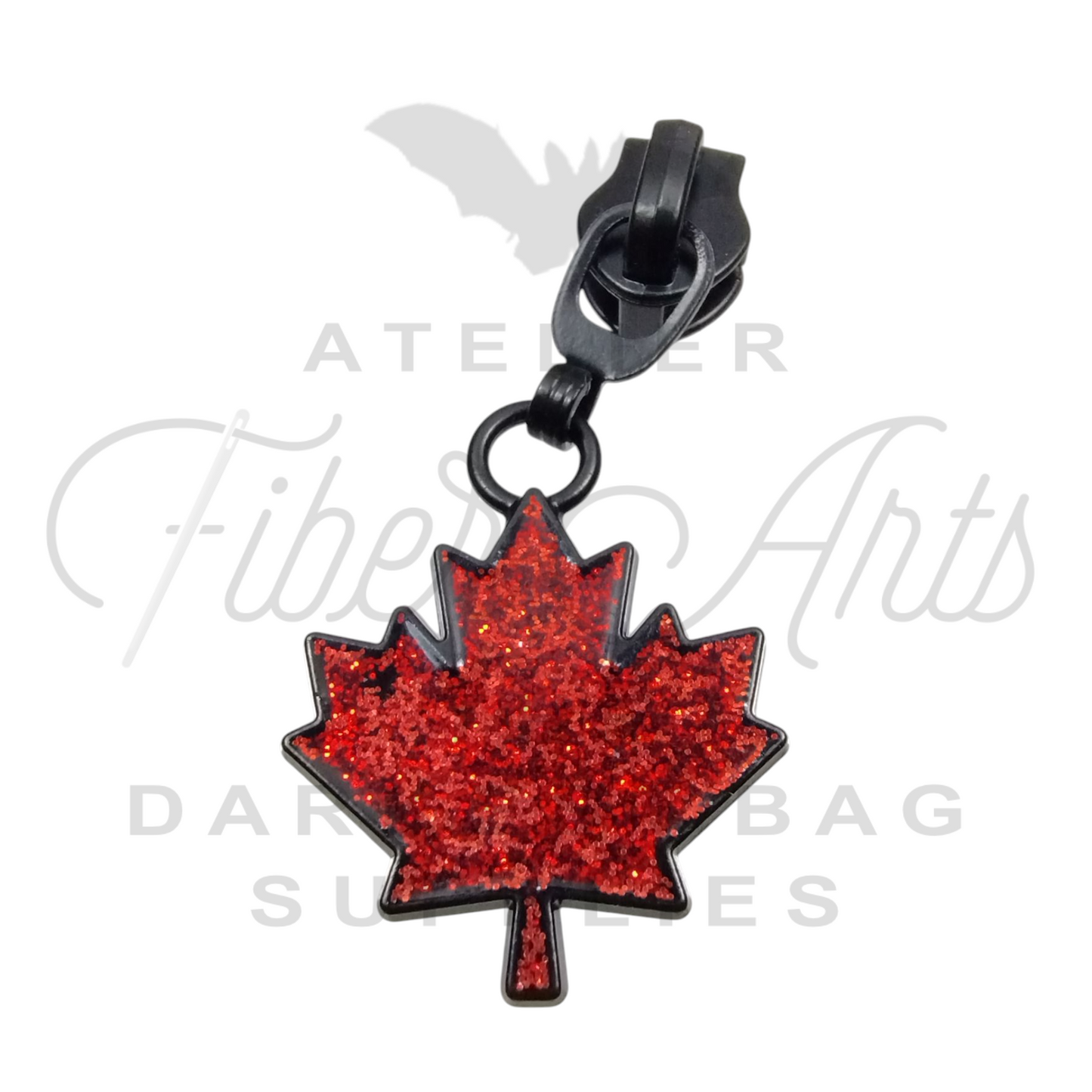 #5 Maple Leaf Zipper Pulls in Matte Black and Glitter Red Enamel at Atelier Fiber Arts