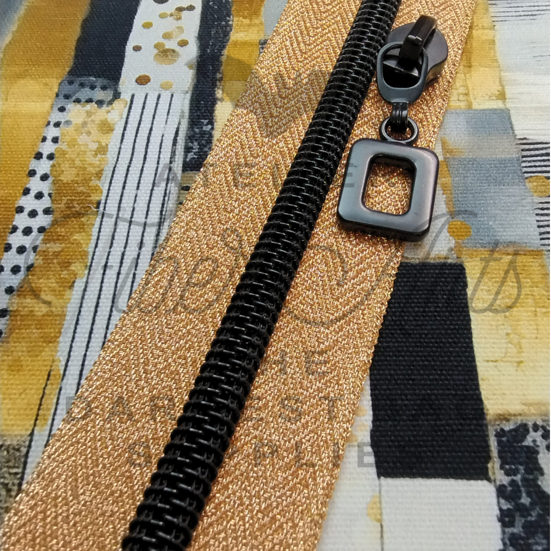 #5 Zipper - Brass - Black Teeth - Metallic Silk at Atelier Fiber Arts