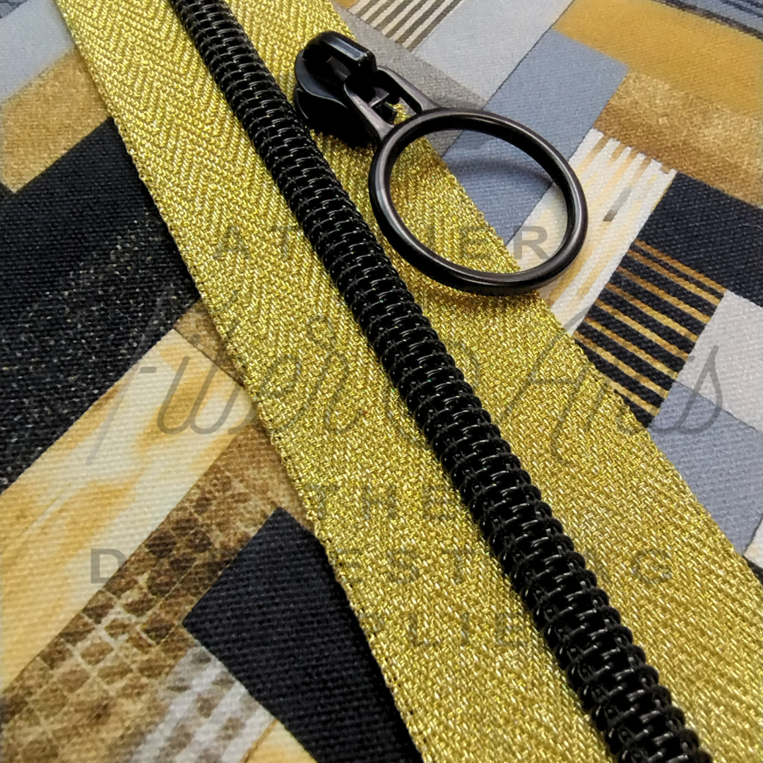 #5 Zipper - All That Glitters Is Gold - by the meter - Black Teeth - Metallic Silk at Atelier Fiber Arts