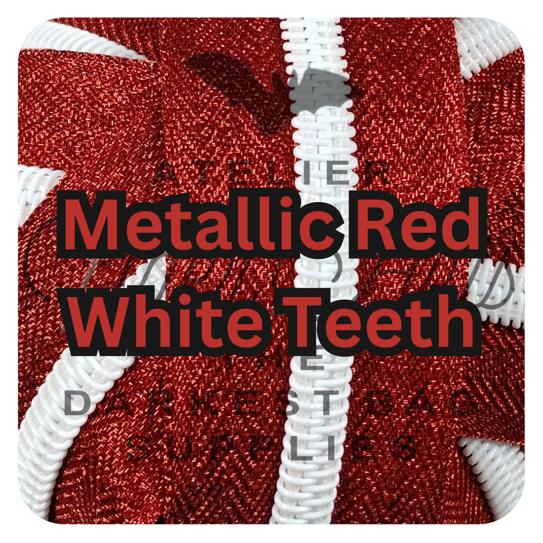 #5 Zipper - Red - White Teeth - Metallic Silk at Atelier Fiber Arts