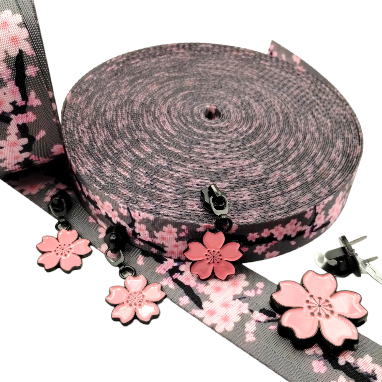 #5 Pink Cherry Blossoms Zipper Pulls in Matte Black and Enamel at Atelier Fiber Arts