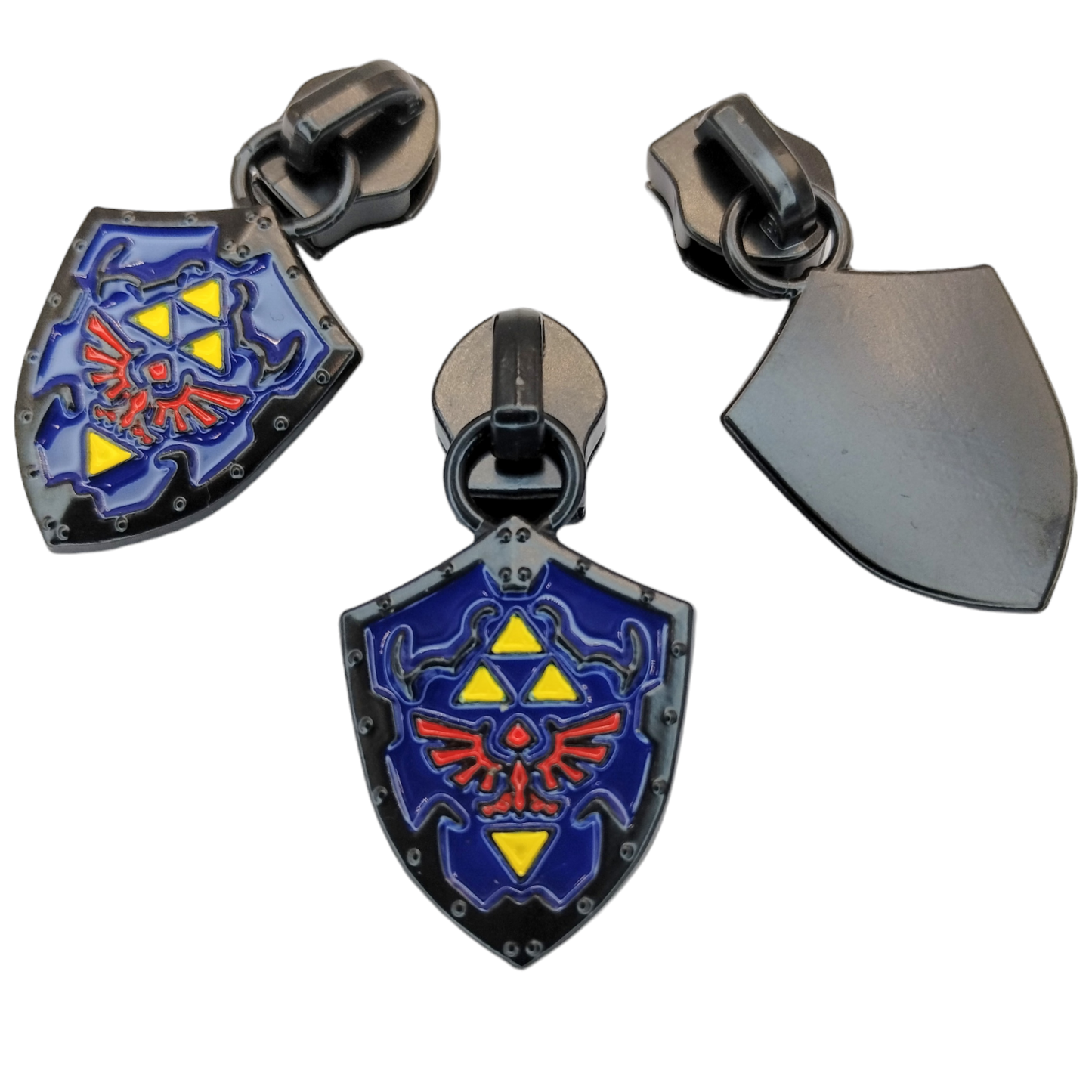 #5 Time Hero's Shield (Link) Zipper Pulls in Matte Black and Enamel at Atelier Fiber Arts
