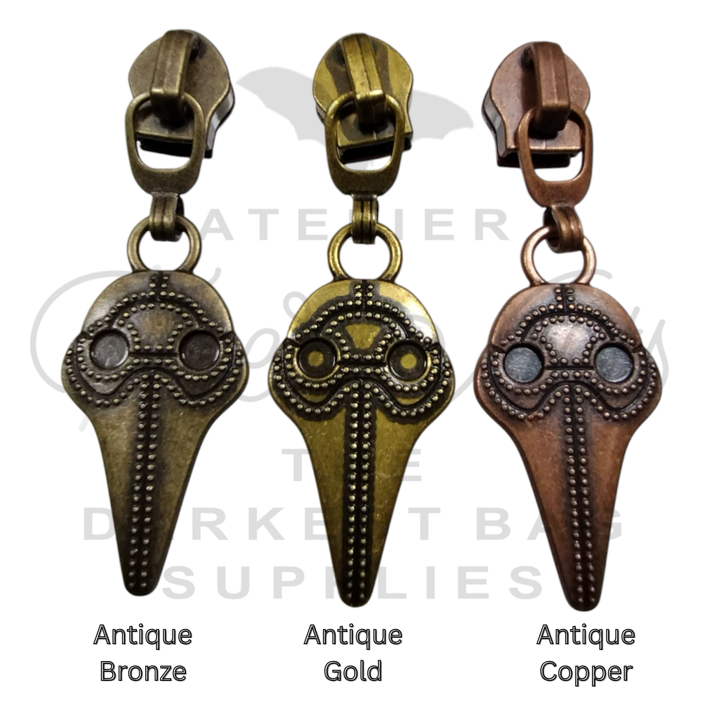 #5 Plague Doc Nylon Zipper Pulls in Antique Bronze at Atelier Fiber Arts