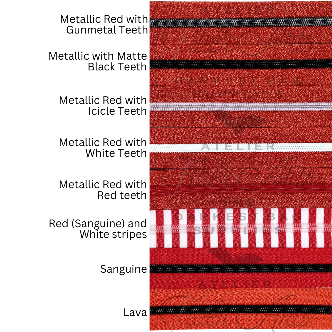 #5 Zipper - Red - White Teeth - Metallic Silk at Atelier Fiber Arts