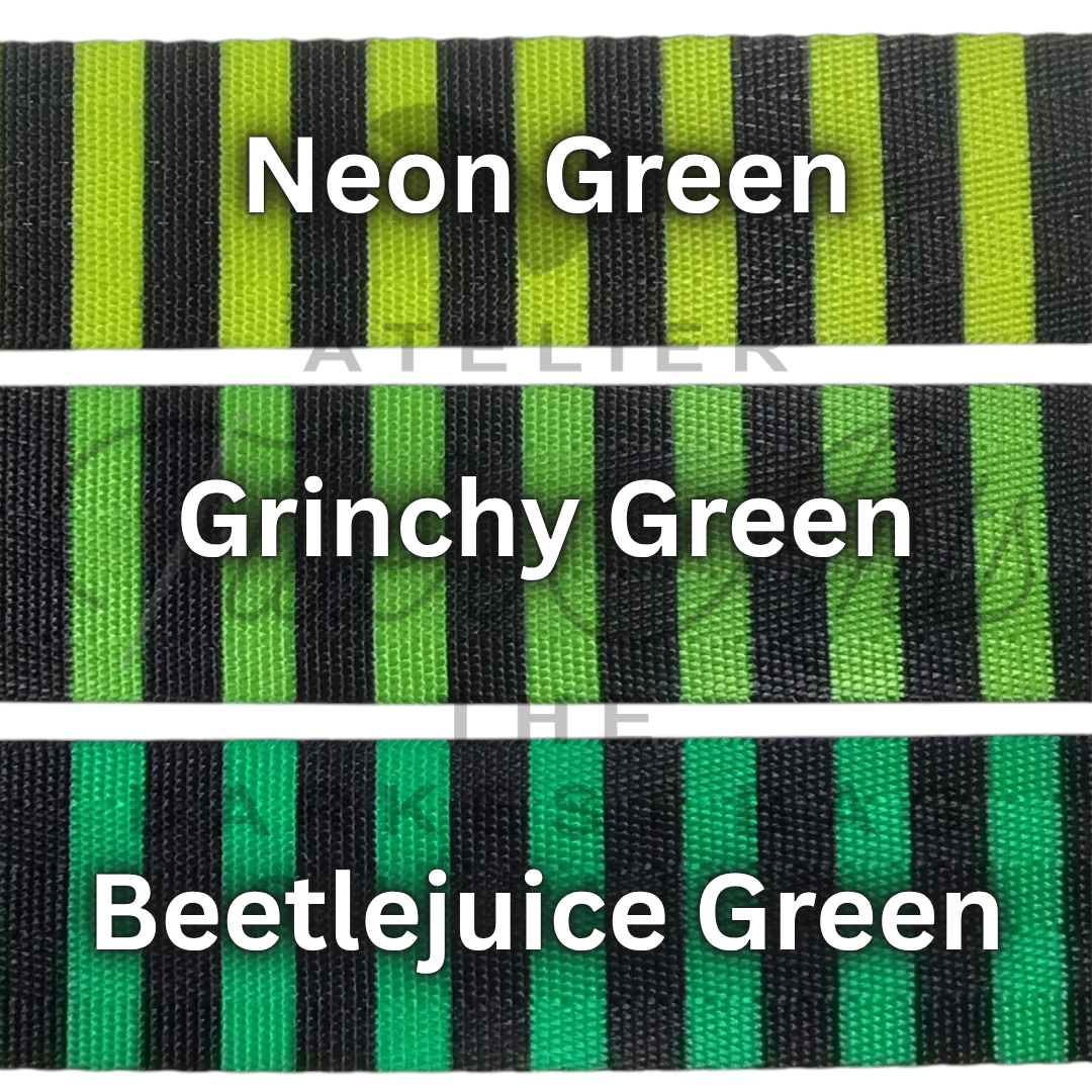 Webbing - Grinchy Green and Black Stripes - 38mm (1.5in) sold by the meter at Atelier Fiber Arts