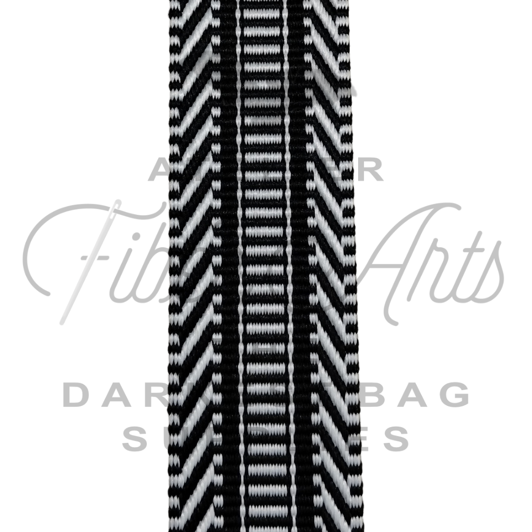 Webbing - Jacquard Tire Tracks - 38mm (1.5in) - sold by the meter at Atelier Fiber Arts