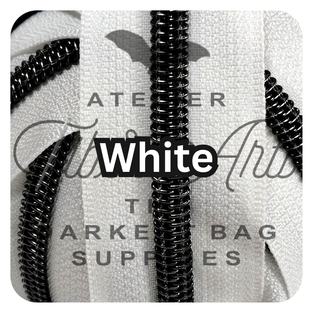 #5 Zipper - White - by the meter - Gunmetal Teeth at Atelier Fiber Arts