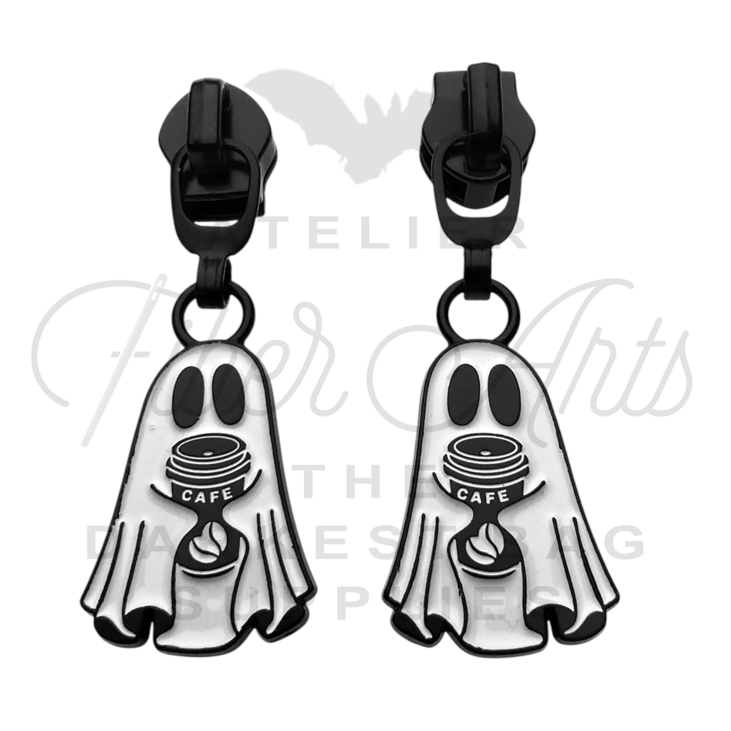 #5 Ghost With Coffee Zipper Pulls in Matte Black and Enamel at Atelier Fiber Arts