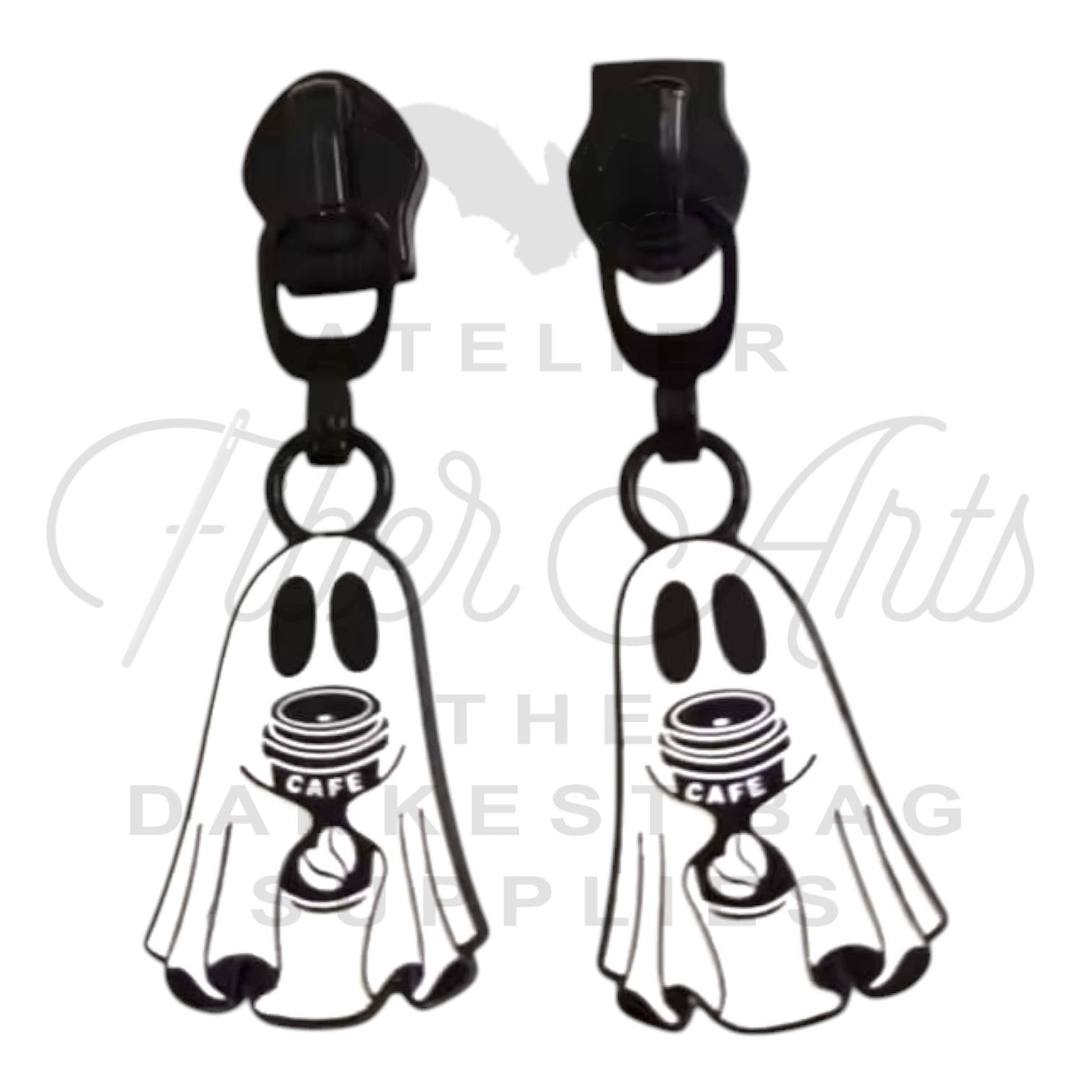 COMING SOON #5 Ghost With Coffee Zipper Pulls in Matte Black and Enamel at Atelier Fiber Arts