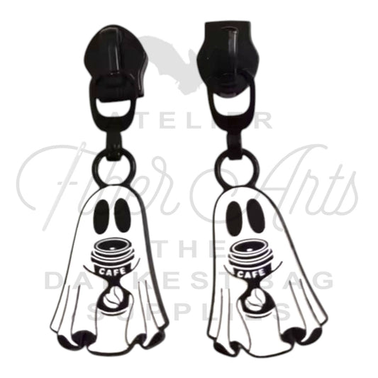 COMING SOON #5 Ghost With Coffee Zipper Pulls in Matte Black and Enamel at Atelier Fiber Arts