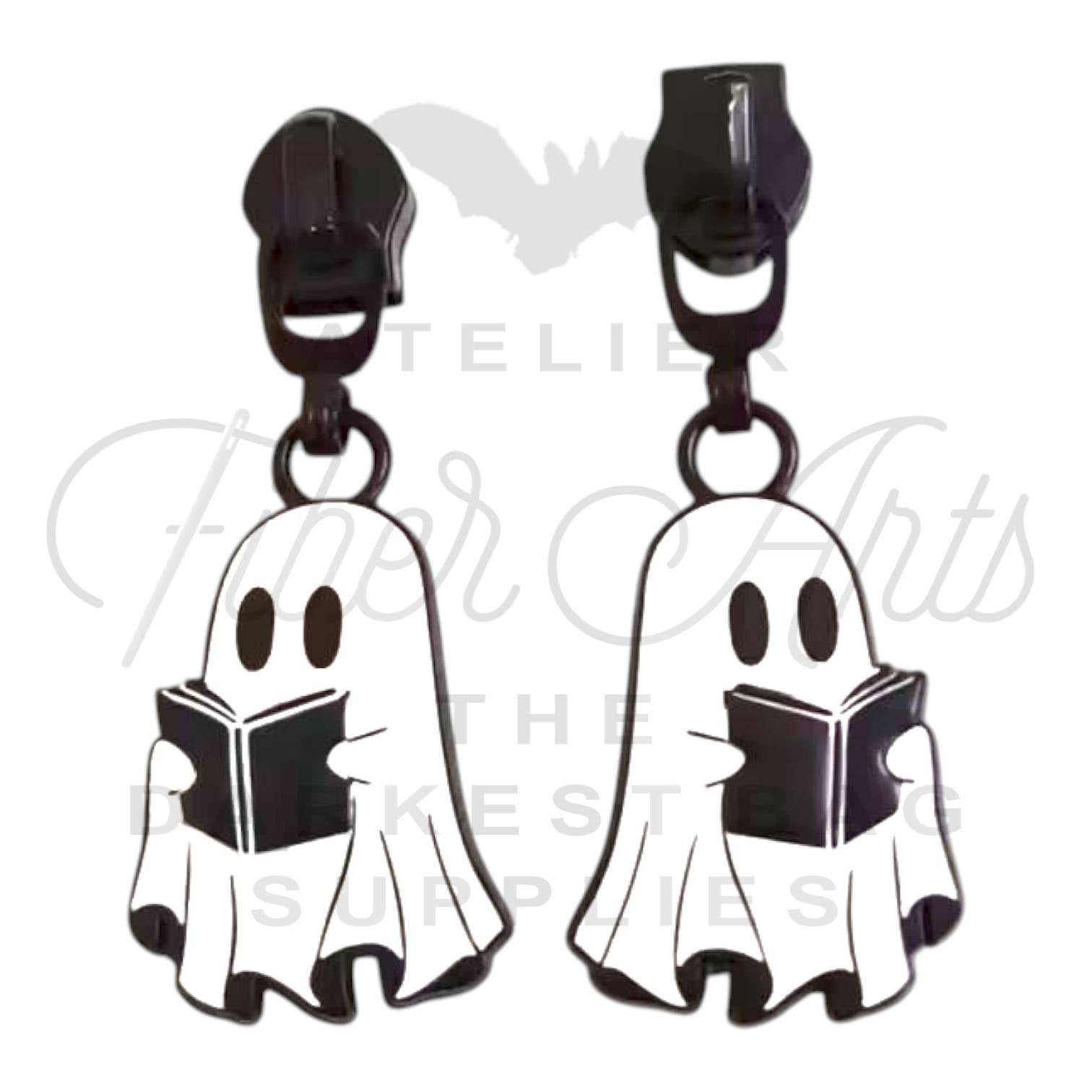 COMING SOON - Reading Ghost Zipper Pulls in Matte Black and Enamel at Atelier Fiber Arts