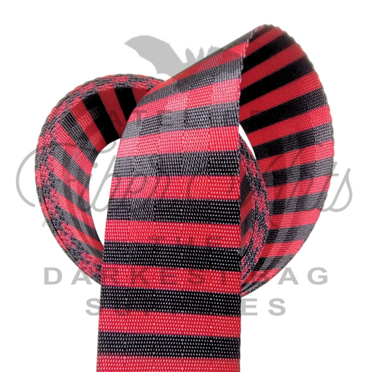 Webbing - Sanguine and Black Stripes - 38mm (1.5in) sold by the meter at Atelier Fiber Arts