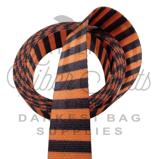 Webbing - Orange and Black Stripes - 25mm (1in) sold by the meter at Atelier Fiber Arts