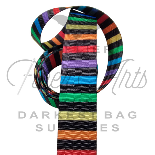 IN PRODUCTION! Webbing - Rainbow and Black Stripes - 25mm (1in) sold by the meter at Atelier Fiber Arts