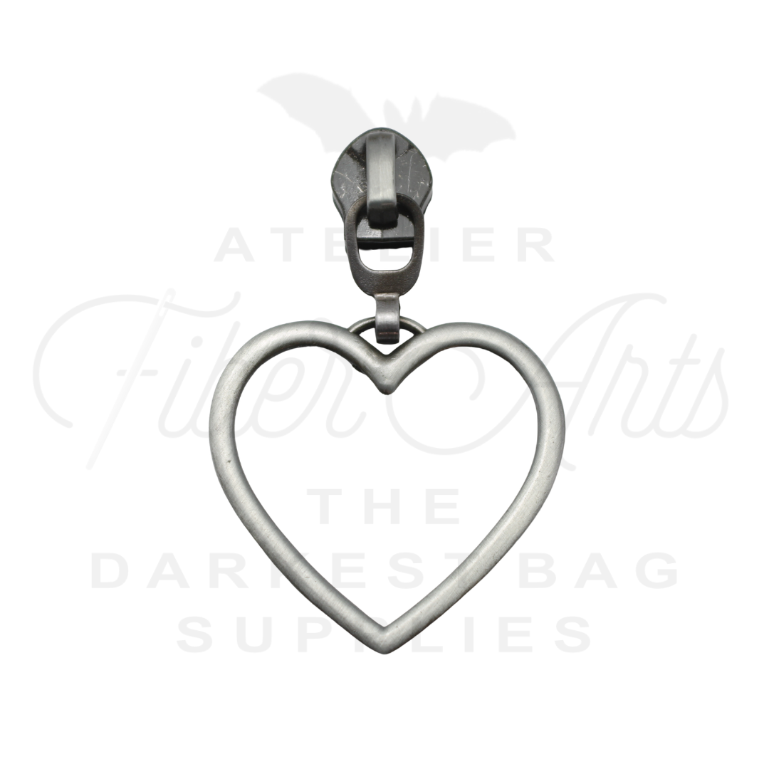 #5 Large Heart Zipper Pulls in Antique Steel at Atelier Fiber Arts