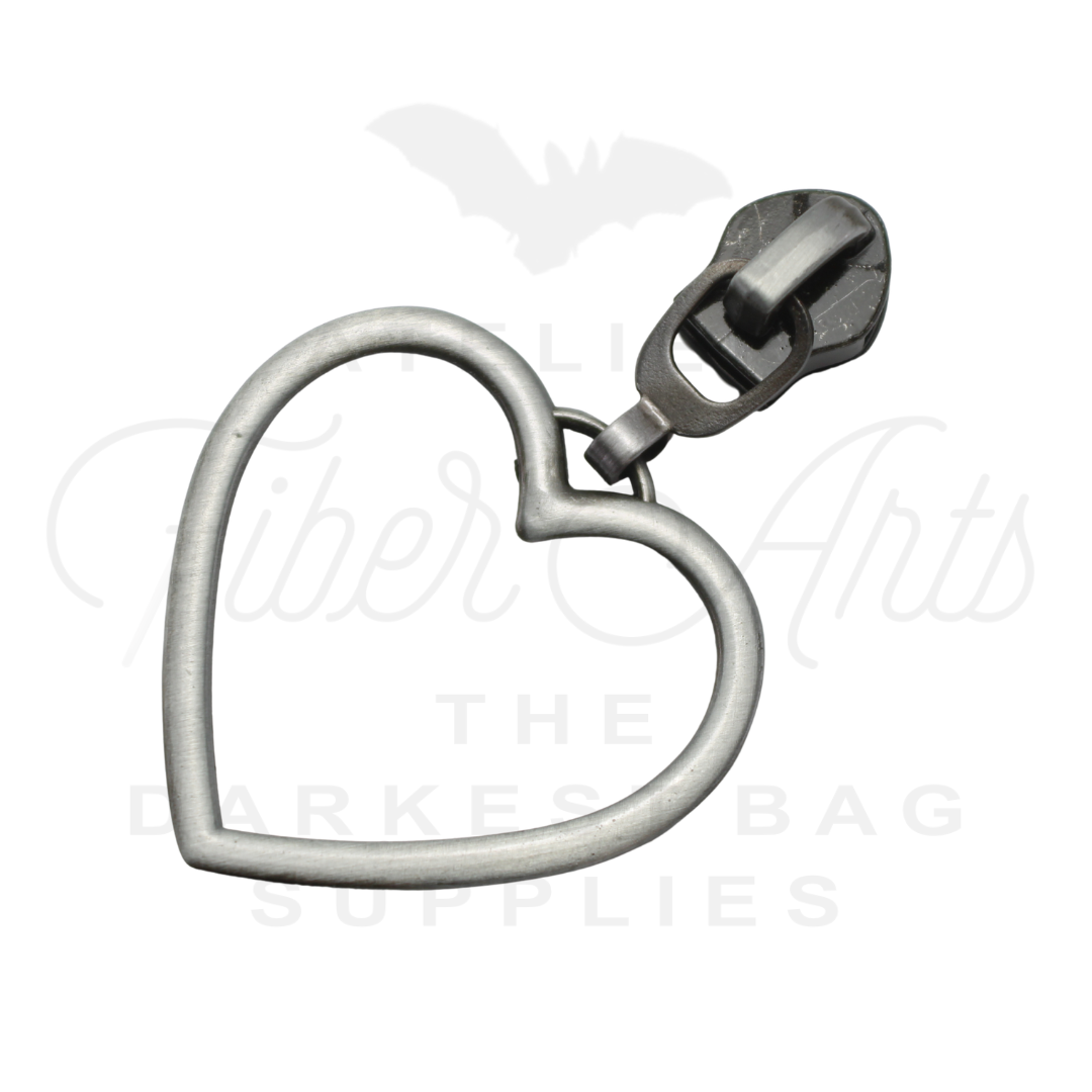 #5 Large Heart Zipper Pulls in Antique Steel at Atelier Fiber Arts