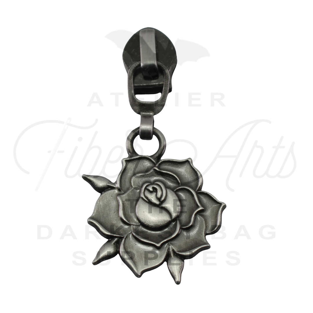 #5 Rose Bloom Zipper Pulls in Antique Steel