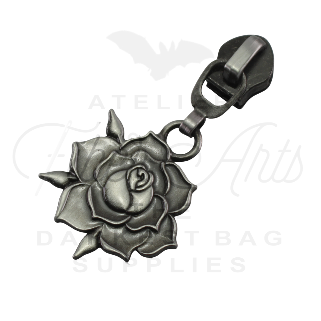 #5 Rose Bloom Zipper Pulls in Antique Steel