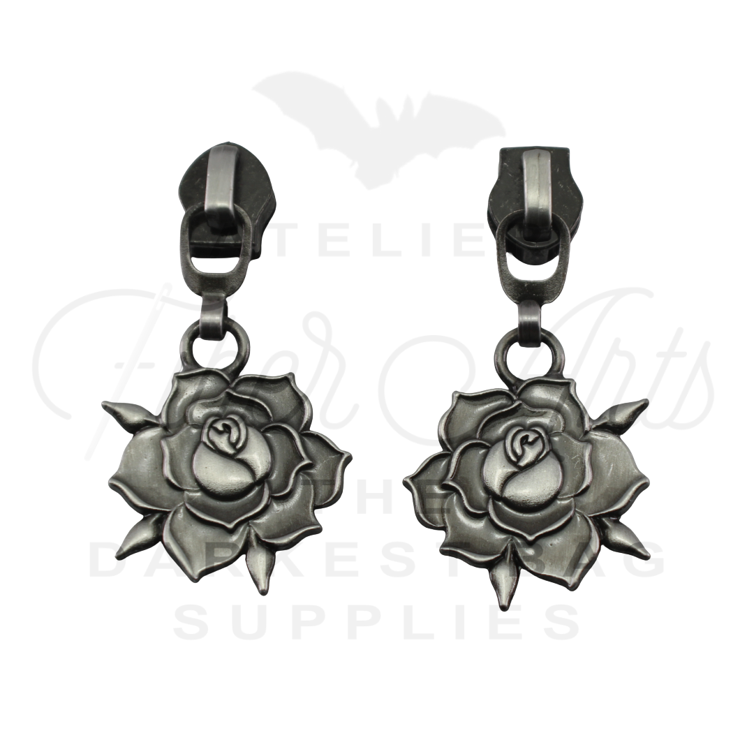 #5 Rose Bloom Zipper Pulls in Antique Steel