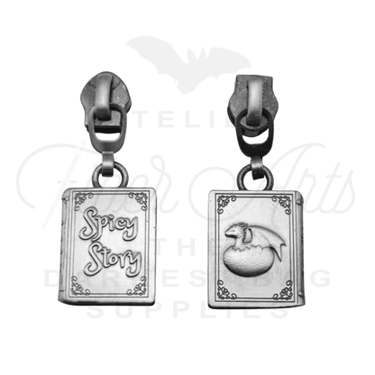 #5 Spicy Story Zipper Pulls in Antique Steel at Atelier Fiber Arts