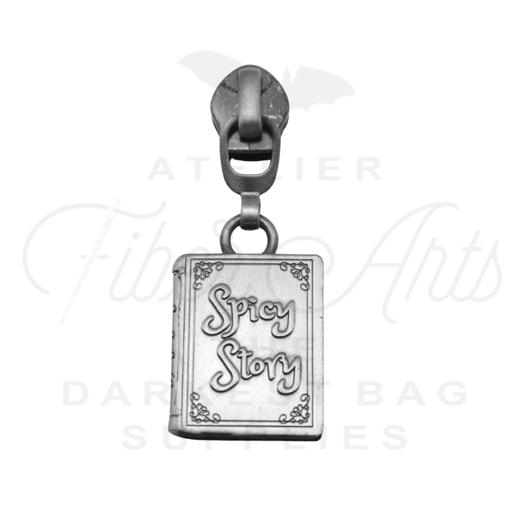 #5 Spicy Story Zipper Pulls in Antique Steel at Atelier Fiber Arts