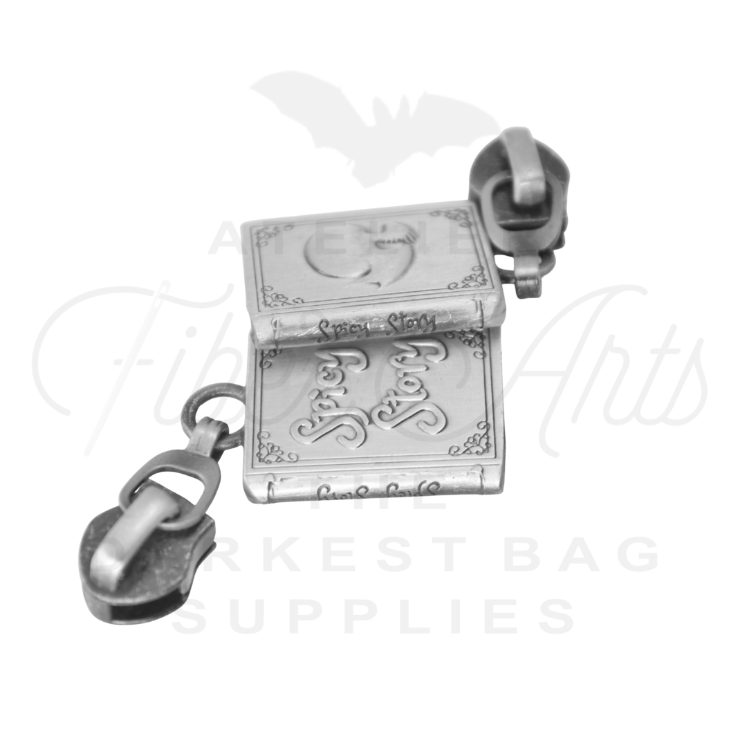 #5 Spicy Story Zipper Pulls in Antique Steel at Atelier Fiber Arts