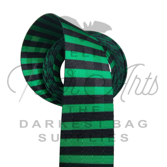 Webbing - BJ Green and Black Stripes - 38mm (1.5in) sold by the meter at Atelier Fiber Arts