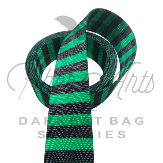 Webbing - BJ Green and Black Stripes - 25mm (1in) sold by the meter at Atelier Fiber Arts