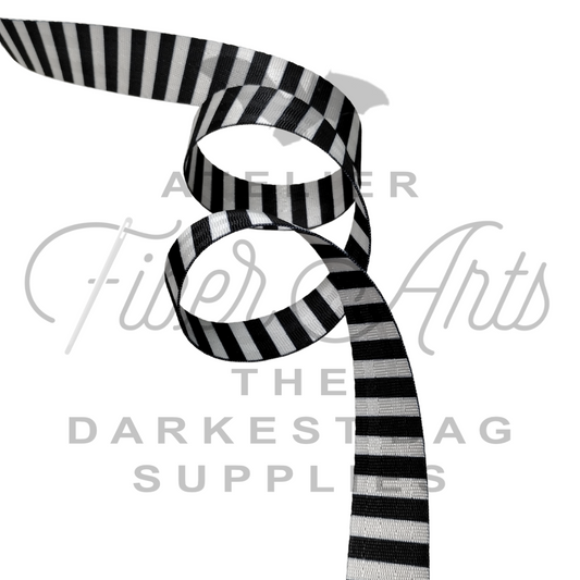 IN PRODUCTION Webbing - Black + White Stripes - 25mm (1in) sold by the meter at Atelier Fiber Arts