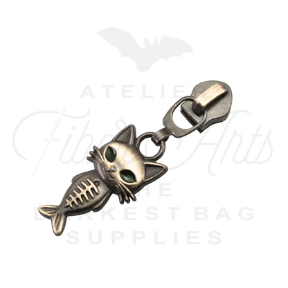 #5 Mercat with Green Eyes Zipper Pulls in Brushed Brass