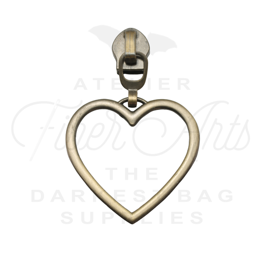 #5 Large Heart Zipper Pulls in Brushed Brass at Atelier Fiber Arts