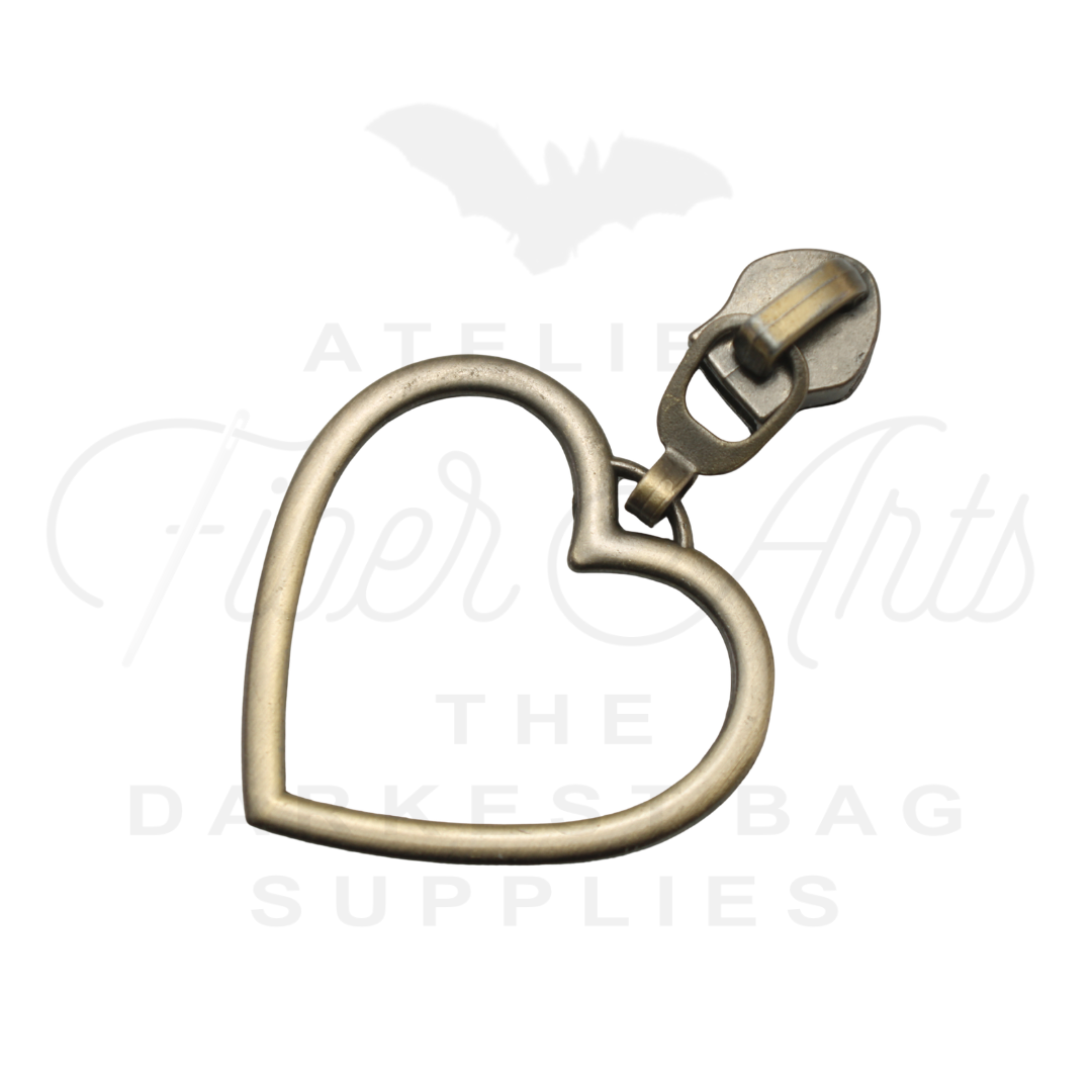 #5 Large Heart Zipper Pulls in Brushed Brass at Atelier Fiber Arts