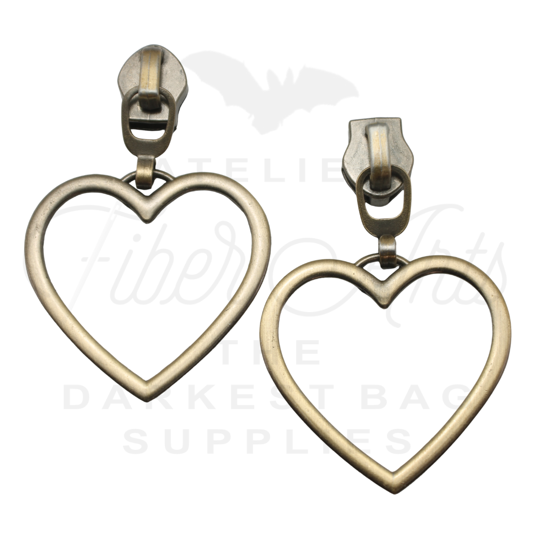 #5 Large Heart Zipper Pulls in Brushed Brass at Atelier Fiber Arts